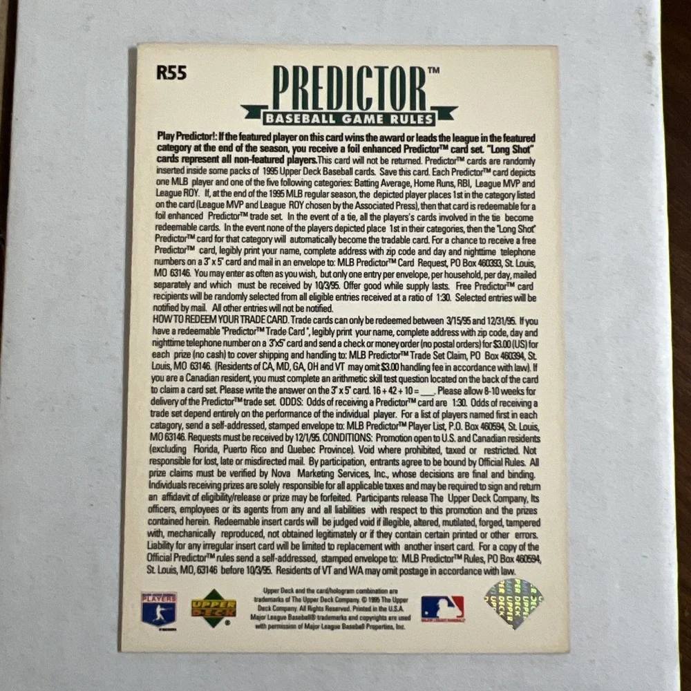 1995 Upper Deck Predictor Kirby Puckett R55 Batting Leader Minnesota Twins MLB